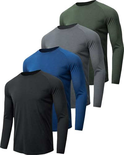 miijoory 4 Piezas Camisetas Manga Larga Hombre Camiseta Deporte Hombre de Secado Rápido Respirable UV Protección Solar para Gimnasio Running (L,Negro, Azul, Gris Oscuro, Verde Militar)
