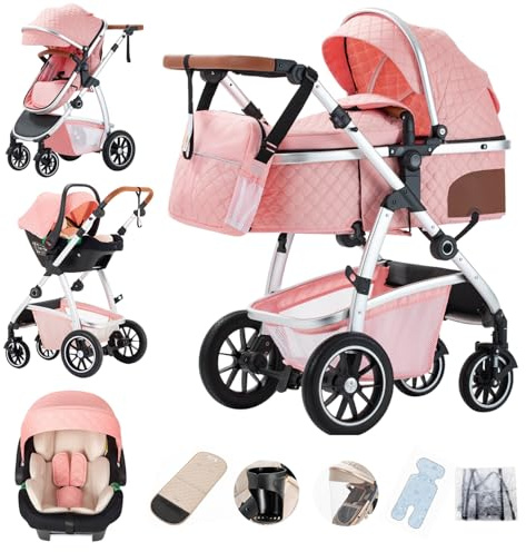 Gcarebb Passeggino 3 in 1, Passeggini Cittadini Con Seggiolino Auto, Passeggino Canna Maniglia Regolabile in Altezza, Passeggini Combinati Paesaggio Alto Telaio in Alluminio Adatto Per 0-4 Anni