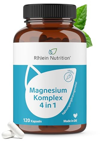 Rhein Nutrition Magnesium Komplex Hochdosiert 4 in 1 | Magnesiumcitrat, Bisglycinat, Malat & Magnesiumoxid | 400mg pro Dosis | 120 vegane Magnesium Kapseln | Laborgeprüft