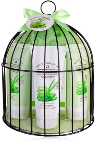 Accentra - Set da doccia da donna ALOE VERA in gabbia per uccelli, set da bagno da 5 pezzi con gel doccia, lozione per il corpo, sapone, crema per le mani, spugna a rete - set benessere donne, ragazze