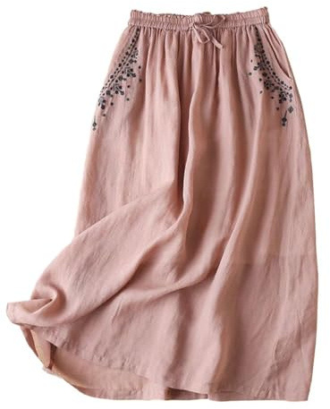 NDCOXQW Cotton Linen Skirts for Women 2025 Summer A Line Flowy Casual Lightweight Elastic High Waisted Drawstring Embroidered Midi Skirt with Pockets(Pink,S)