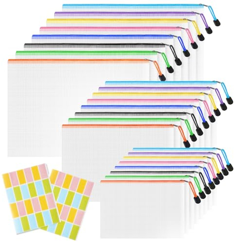 Plastic Wallets Folders Zip Lock Bags - 24PCS A4 Zip Wallets A5 Ziplock Bags Waterproof Document File Folders Plastic Pockets A6 Mesh Zipper Pouch Storage Bag for School, Office, Travel (8 Colours)