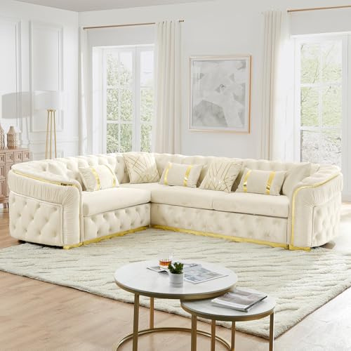 WIN FORCE 110.5 Luxury Velvet L Shape Chesterfield Sofa Set with Glod Metal Accents, Oversize Victorian Curved Arm Sofa Sectional Couches for Living Room with 7 Pillows, Left Chaise, Beige