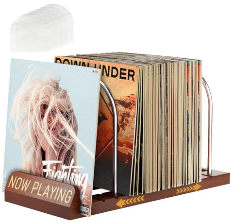 WJMY Soporte para discos de vinilo escalable retro para 30 – 70 LPs, soporte de vinilo Now Playing de madera y metal, soporte LP para CD, álbumes, con 5 bolsillos interiores