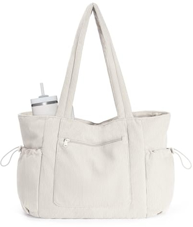 ECOHUB Bolsa Tote Bag Mujer Grande Bolsos Mujer Pana, Bolso Ordenador Portátil de 15,6 Pulgadas con Acolchado Compartimento, 8 Bolsillos, Bolso Shopper para Universidad Trabajo, Beige