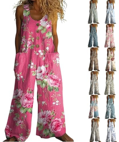 Jump Suit for Women Uk Casual Summer Outfits Loose Baggy Dungarees Sleeveless Wide Leg Overalls with Pockets Floral Printed Button Front Playsuit Elegant Maternity Rompers Beach Wear
