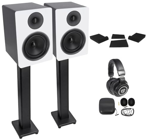 Rockville APM6W Bundle: Pair 6.5 350W peak / 175W RMS Powered USB Studio Monitors, (2) 36 Speaker Stanchion Stands, PRO-M50 Studio Headphones w/Detachable-Cable, Pair of Foam Isolation Pads, 4-Items