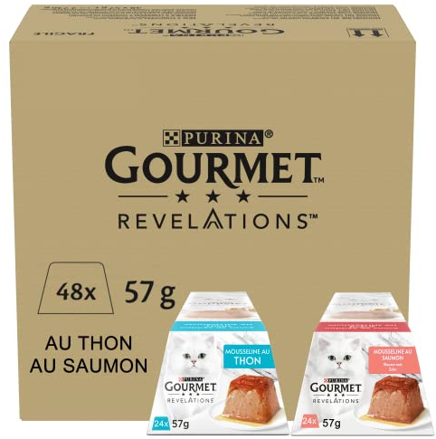Gourmet Revelations Mousse, Katzenfutter nass in Sauce, Lachs & Thunfisch, 48er Pack (48 x 57g)