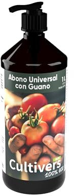 CULTIVERS Abono Líquido Universal con Guano 1 l Bio para todo tipo plantas y cultivos. NPK 4-4-4 con dosificador para fácil aplicación. Mejora la rizosfera, retiene agua y oxigena el suelo.