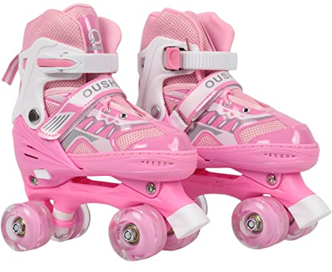 XUANYU Patins à roulettes, Rollers Quad Classiques, Roller Skates pour Filles et Garçon, sans Roues Lumineuse, Confortables et Respirants Patin a Roulette pour Débutants, Rose S (27 à 32)