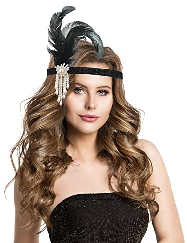 Sibba 1920s Gatsby Headpiece for Women Girls Flapper Headband, Vintage Feather Crystal Accessories Headdress for a 20s night 20's Costume Prom Wedding Cocktail Party Retro Style Theme Birthday