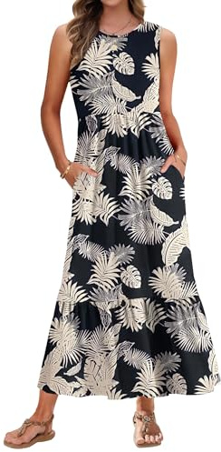 AUSELILY Summer Dresses for Women UK Sleeveless Maxi Dresses Ladies Summer Dresses Beach Coverups Swing Tiered Long Dress with Pockets Tropical Rainforest Leaf XXL