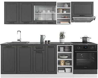 Vicco Küchenzeile R-Line, Küchenblock, Anthrazit Landhaus/Weiß, 240 cm, AP Marmor