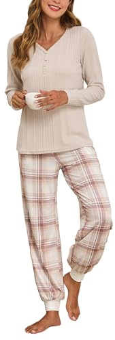 Famulily Women Matching Pajama Set Soft Ribbed Long Sleeve Top with Jogger Pants 2 Piece Sleepwear Beige L