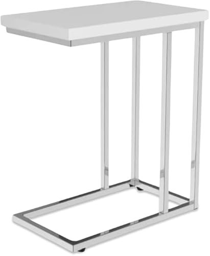 High Gloss C Shaped Side Table White Under Sofa Table End Tables Skinny Snack Tray Table for Coffee Laptop in Living Room Compact Sofa End Table Laptop Desk with Charging Station for Bedroom & Office