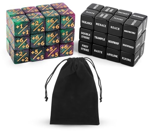 BOXOB 48uds Dados Contador Palabras Clave Habilidades, Mejora Estadísticas Criaturas Fichas Dados Lealtad Contadores Vida Mágica para MTG TCG RPG Accesorios Juegos Cartas con Bolsa Terciopelo