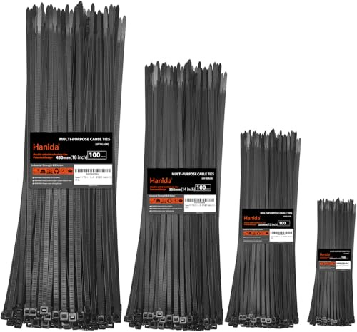 Hanida kabelbinder set in verschiedenen Größen (400 Stück)20+30+35+45cm, beidseitig gezahnt, 45kg Zugfestigkeit stark duty Kabelschnäure aus strapazierfährem Nylon, geeignet für Innen und Außenbereich