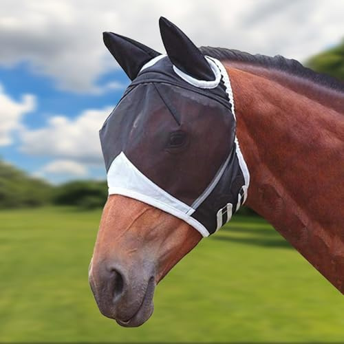 Máscara de mosca para caballo, gorro para caballo, protección UV con protección para las orejas, máscara de equitación transpirable y respetuosa con la piel para entrenamiento, postura y ocio (negro)​