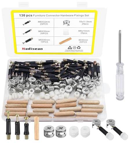Nadisean 130Pcs Furniture Connectors Kit, Furniture Hardware Fixing Screws Set, Cam Lock Ø15mm, M6x40mm Fitting Dowels with Pre-Inserted Nuts Dowel Bolts Nut Locking Cam for Cabinet Wardrobe Drawer