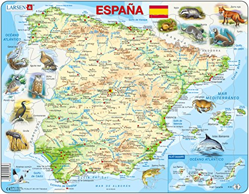 Larsen Puzzles K84-ES, Kinder Rahmenpuzzle Physische Karte Spanien, 58 Teile, ab 7 Jahre, Lernspielzeug Geografie, Konzentration & Spielspaß