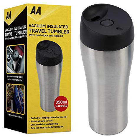 AA Trusted Vacuum Insulated Travel Tumbler 350ml - Stylish Stainless Steel Double Walled, Anti Spill Push Lock Lid for Water Coffee Milk Thermal Flask