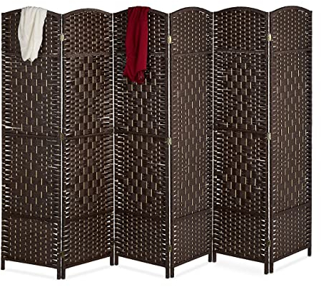 Relaxdays Biombo 6 Paneles, 170 x 240 cm, Separador Ambientes Plegable, Madera y Cuerda de Papel, Mampara en Marrón