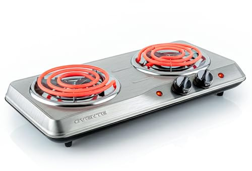 OVENTE Electric Countertop Double Burner, 1700W Cooktop with 6 and 5.75 Stainless Steel Coil Hot Plates, 5 Level Temperature Control, Indicator Lights and Easy to Clean Cooking Stove, Silver BGC102S