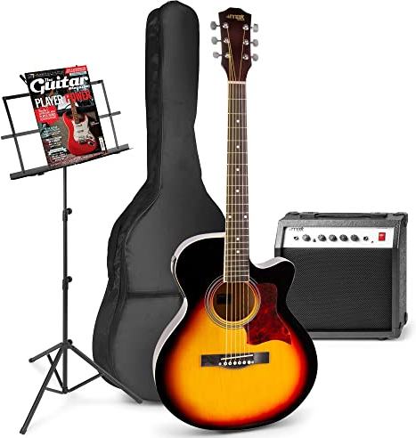 MAX ShowKit Elektro Akustik Gitarre Set mit Verstärker 40 Watt, Gitarrentasche, Notenständer, Gitarrenstimmgerät, Instrumentenkabel, Plektrum und E Akustikgitarre mit Tonabnehmer - Sunburst