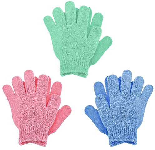 Sibba 3 Pair Bath Gloves for Shower Natural Loofah Exfoliating Wash Gloves for Body and Face, Dead Skin Remover, Double Sided Microfibre Shower Body Gloves for Adults and Kids