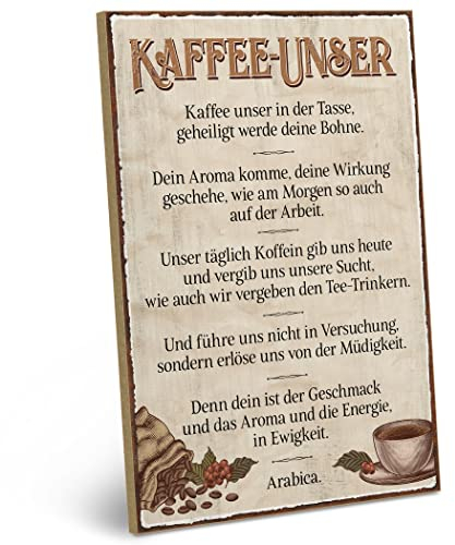 ARTFAVES® Wandbild Holzschild mit Spruch - Kaffee-Unser - Türschild Retro Vintage Deko Bild Geschenk - Kaffee Deko, witzige Sprüche