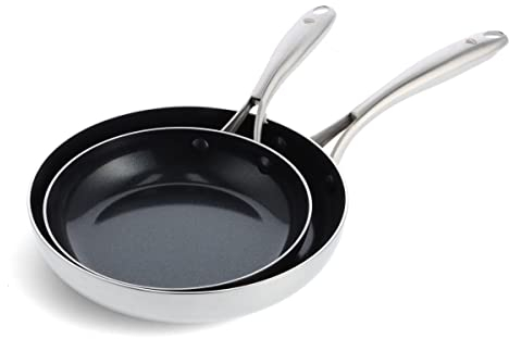 Blue Diamond HD Stainless Steel Clad Pro Bratpfannen-Set, 24,1 cm und 27,9 cm, Diamant-infundierte Keramik-Antihaftbeschichtung, PFAS-frei, spülmaschinenfest, ofen- und grillsicher, Silber