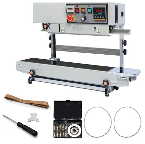 U.S. Solid Automatic Continuous Band Sealer with Stand - Industrial Bag Sealing Machine with Counter & Embossing Coder, 78.7ft/min High Speed, 110V Vertical Sealer for 0.031 PVC Bags