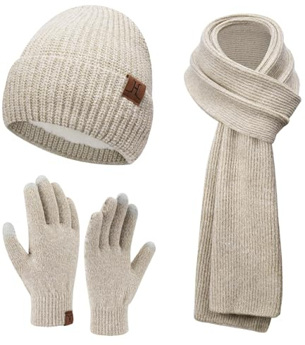 Femme Hiver Bonnet Chapeau Écharpe longue Gants Tactiles Écran Ensemble Chaud Tricot Polaire Doublé Casquette Foulard Gant Cadeaux de Noël Anniversaire pour Femmes