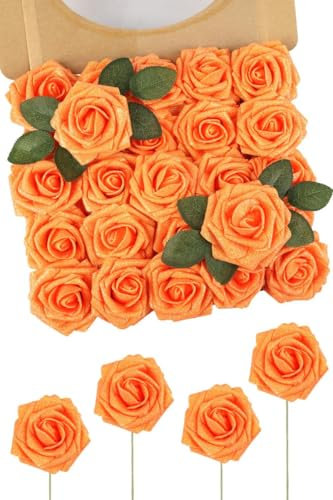 N&T NIETING Artificial Flowers Glitter Rose, 25pcs Fake Roses Flowers with Stems Real Touch Faux foam Roses for Wedding Bouquets Party Baby Shower Home Autumn Decoration(Orange)