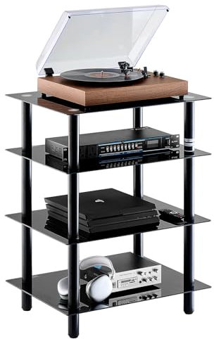VEVOR Meuble Audio Visuel 4 Niveaux, Étagère Multimédia en Verre Trempé, Support HiFi avec LED pour Boîtiers DVD/Câbles/Consoles de Jeux, Armoire de Rangement pour Salle de Jeux/d'Enregistrement
