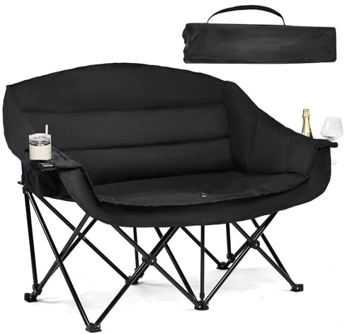 Chaise de camping double rembourrée pour 2 personnes – Canapé de camping surdimensionné robuste pour adultes, sports de plein air, pelouse, plage, chaises XL portables pliantes avec porte-gobelets et