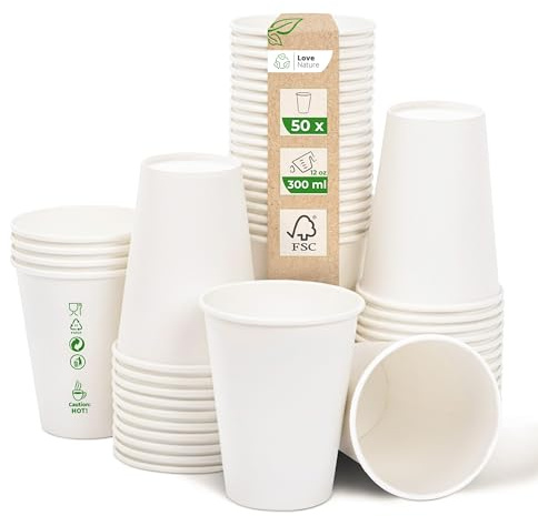 Love Nature Tazas de café To Go de color blanco, 300 ml, 12 oz, vasos de papel, 50 unidades