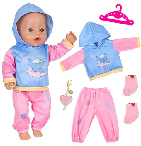 5 Pcs Sweet Baby Doll Clothes for 14-18 Inch Baby Doll, 35-43cm Cartoon Blue Puppy Doll Outfits with Hooded Top Sweatpants Pendant Socks Hanger New 43cm Doll Clothes Birthday Gift(No Doll (Pink)