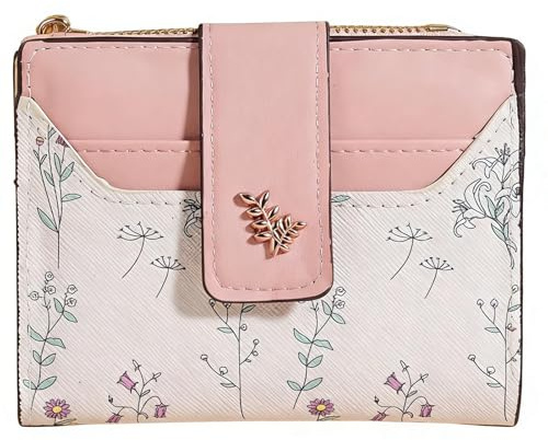 Floral Print Vegan Leather Purse for Women - Small Bifold Wallet with ID Window, Card Slots & Zipper Coin Pocket, Compact Daily Use Ladies Wallet Gift (Pink)