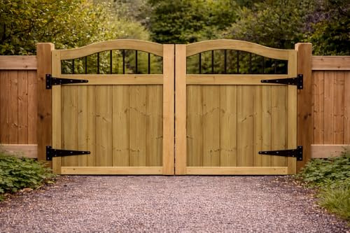 Wooden Swan Neck Driveway Gates – Heavy Duty Treated Timber Double Gates, Garden & Driveway Entrance, Traditional (180cm High x 240cm Wide x 5cm Deep)
