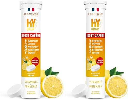 GRANIONS HYDROP Boost Caféine - Pastilles Hydratation - Citron - SANS SUCRES - Fabriqué en France - Electrolytes Hydratation - Vitamines, Minéraux, Magnesium - 20 Pastilles Effervescentes (Lot de 2)