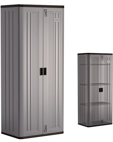 Suncast Tall Storage Cabinet for Garage Organization - 72 Freestanding Utility Closet with Shelving for Garden Supplies, Paint Cans & Outdoor Tools, Multi-Wall Resin Construction, Platinum