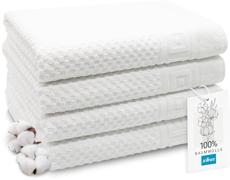 ZOLLNER 4er Set Duschtücher in 70x140 cm - weiches und saugstarkes Waffelmuster in weiß - mit Aufhänger - waschbar bis 95°C - Baumwolle - Hotelqualität - Oeko Tex® Zertifiziert