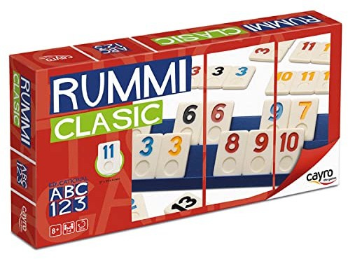 Cayro – Rummi – ab 8 Jahren – klassisches Modell – lustiges Brettspiel, ideal für Kinder und Erwachsene – 106 Teile, 1 Stofftasche und 4 Ständer – 2 bis 4 Spieler