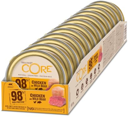 Wellness CORE 98% 12 x 85g, Chicken & Wild Boar – Wet Cat Food, Chunky Pate, Grain-Free, Natural, Hypoallergenic, Protein-Rich, High Meat Content