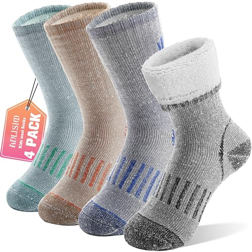Anlisim Kids Merino Wool Hiking Socks Boys Girls Thermal Winter Warm Boot Thick Snowboarding Socks 4 Pairs for Teen(Color Mix,4-7 Y)