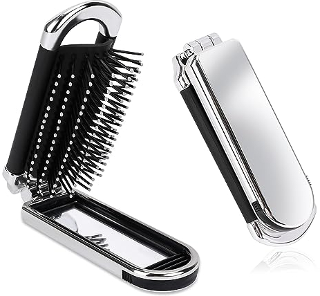 Reise Haarbürste mit Spiegel Faltbare Mini Haarbürste Pocket Reisebürste Klapp Haarmassagekamm Tragbare Silber Haar-Styling Kamm für Männer Mädchen Frauen