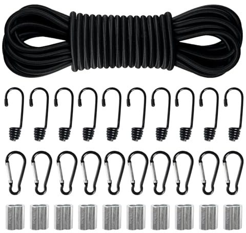 Corde Elastiche 10m x 8mm, Corda di Gomma con Ganci, Moschettoni, Doppi Manicotti in Alluminio, Corda Elastica Cavo Elastico per Teloni, Tende, Trasporto, Giardini e Portapacchi - Set Fai Da Te