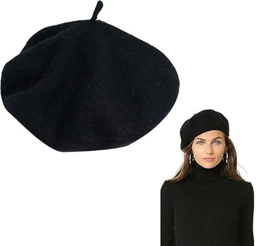 Baskenmütze,Barett Mütze Damen,Barett,Einfarbige Baskenmütze aus Wollgemisch,Mütze Barette,WintermüTze,Französischen Beret,Schiebermütze Damen,Wolle Bailey Hut,Baskenmütze aus Wolle,Schwarz