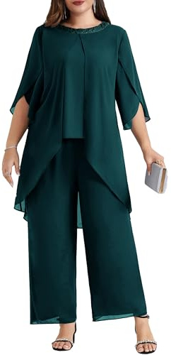 Hanna Nikole Plus Size Madre della Sposa Abito Pantalone in Chiffon per Ospite di Matrimonio 2 Pezzi Vestito Festival Elegante Paillettes Girocollo e Vita Alta Cotail da Sera Set Formale